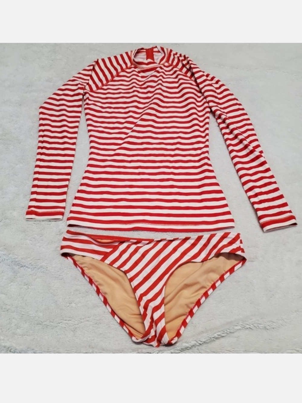 J. Crew Red White Long Sleeve Rash Guard Bikini Swimsuit Swim Bottom Women Small